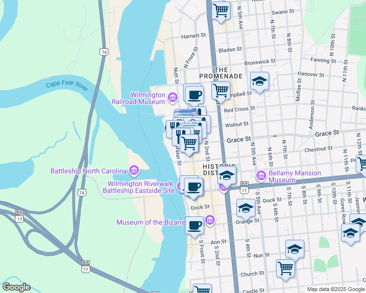 map of restaurants, bars, coffee shops, grocery stores, and more near 301 North Front Street in Wilmington