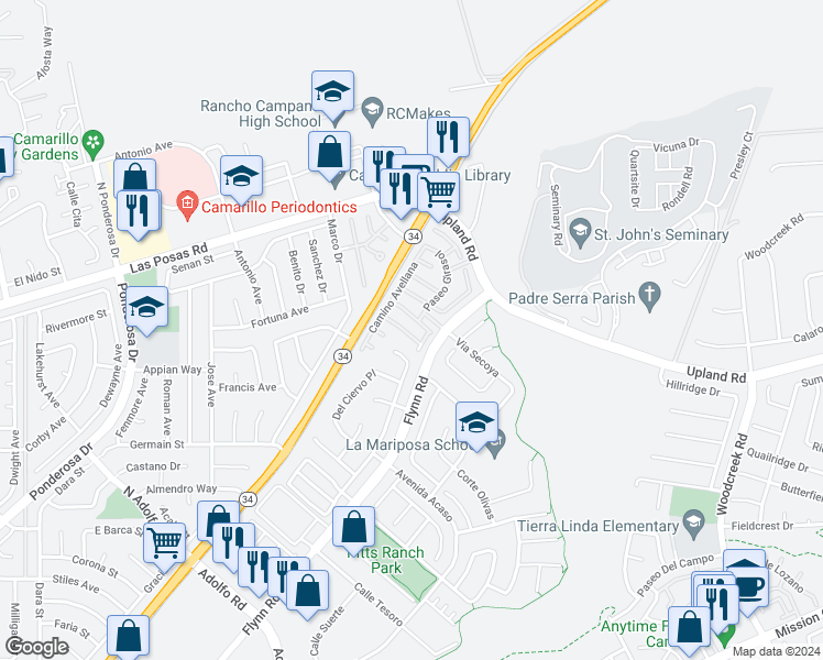 map of restaurants, bars, coffee shops, grocery stores, and more near 4535 Corte Arbusto in Camarillo