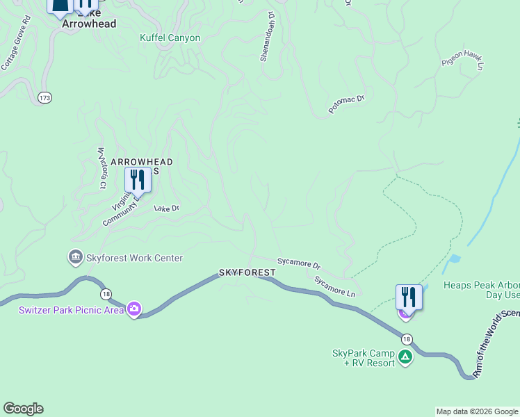 map of restaurants, bars, coffee shops, grocery stores, and more near 806 Oak Road in Skyforest
