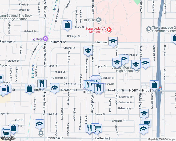 map of restaurants, bars, coffee shops, grocery stores, and more near 9238 Swinton Avenue in Los Angeles