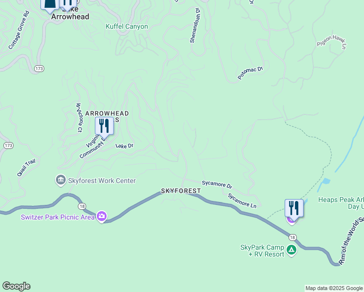 map of restaurants, bars, coffee shops, grocery stores, and more near 859 Kuffel Canyon Road in Skyforest