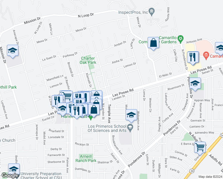 map of restaurants, bars, coffee shops, grocery stores, and more near 2713 Via Vela in Camarillo