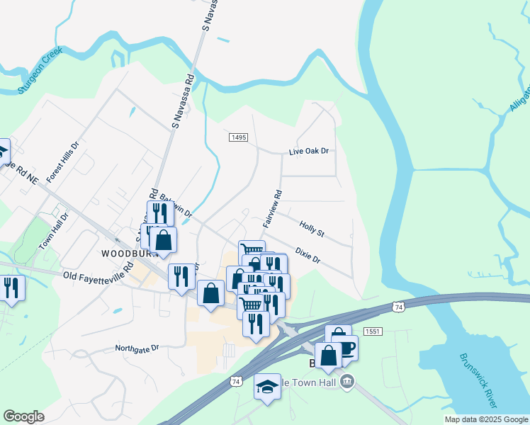 map of restaurants, bars, coffee shops, grocery stores, and more near 131 Fairview Road in Leland