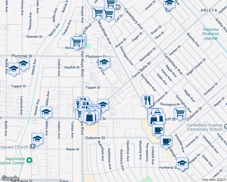 map of restaurants, bars, coffee shops, grocery stores, and more near 14335 Terra Bella Street in Los Angeles