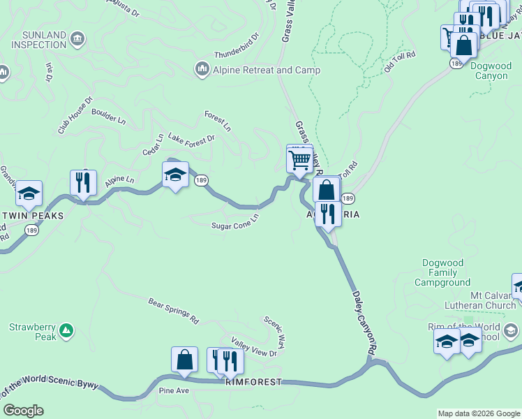 map of restaurants, bars, coffee shops, grocery stores, and more near 29591 Sugar Cone Lane in Lake Arrowhead
