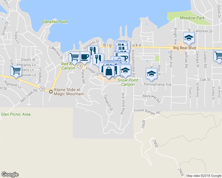 map of restaurants, bars, coffee shops, grocery stores, and more near 725 Cameron Drive in Big Bear Lake
