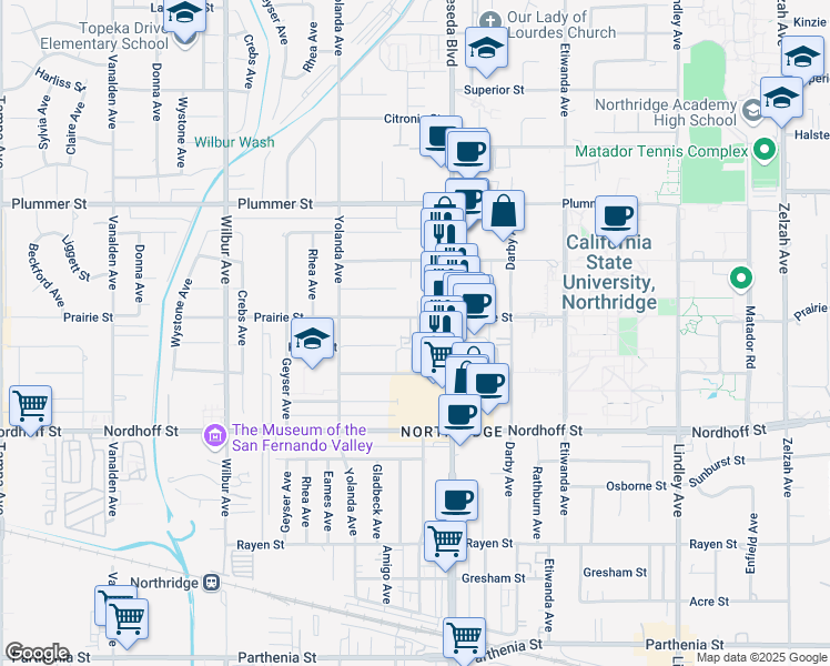 map of restaurants, bars, coffee shops, grocery stores, and more near 18540 Prairie Street in Los Angeles