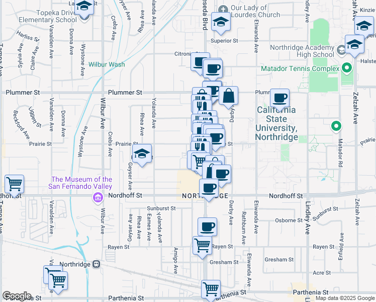 map of restaurants, bars, coffee shops, grocery stores, and more near 18540 Prairie Street in Los Angeles