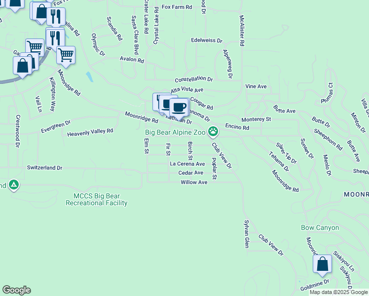 map of restaurants, bars, coffee shops, grocery stores, and more near 42673 Peregrine Avenue in Big Bear Lake