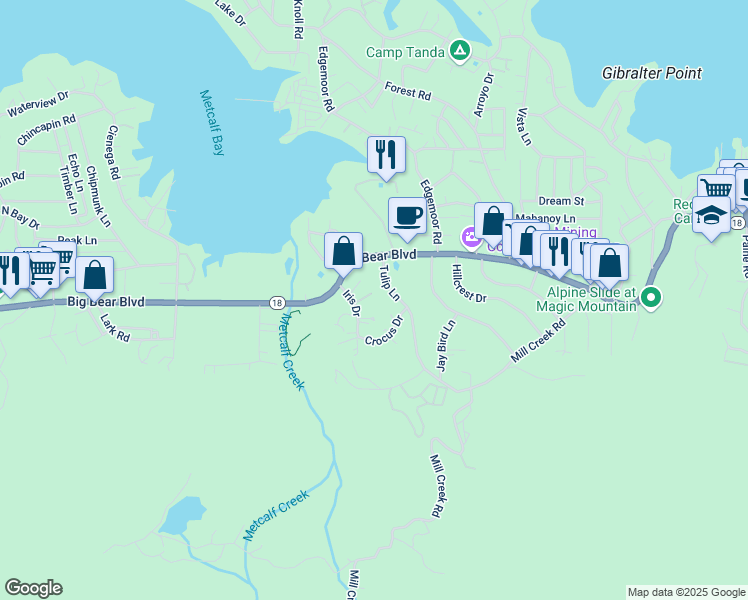 map of restaurants, bars, coffee shops, grocery stores, and more near 764 Tulip Lane in Big Bear Lake