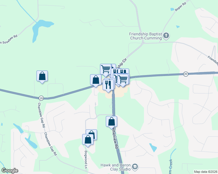map of restaurants, bars, coffee shops, grocery stores, and more near 2323 Canton Highway in Cumming