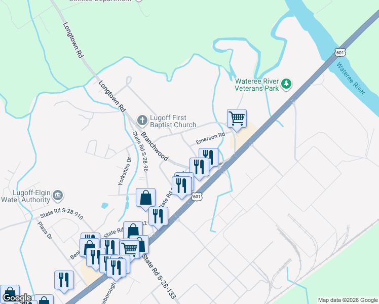 map of restaurants, bars, coffee shops, grocery stores, and more near 125 Branhamwood Road in Lugoff