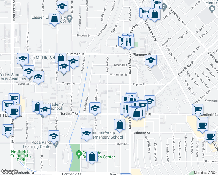 map of restaurants, bars, coffee shops, grocery stores, and more near 9246 Cedros Avenue in Los Angeles