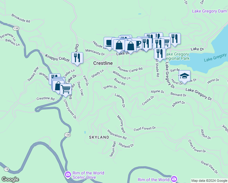 map of restaurants, bars, coffee shops, grocery stores, and more near 23804 Lakeview Drive in Crestline