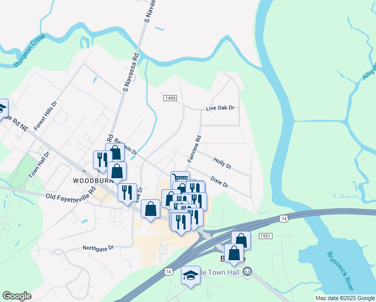 map of restaurants, bars, coffee shops, grocery stores, and more near 131 Fairview Road in Leland