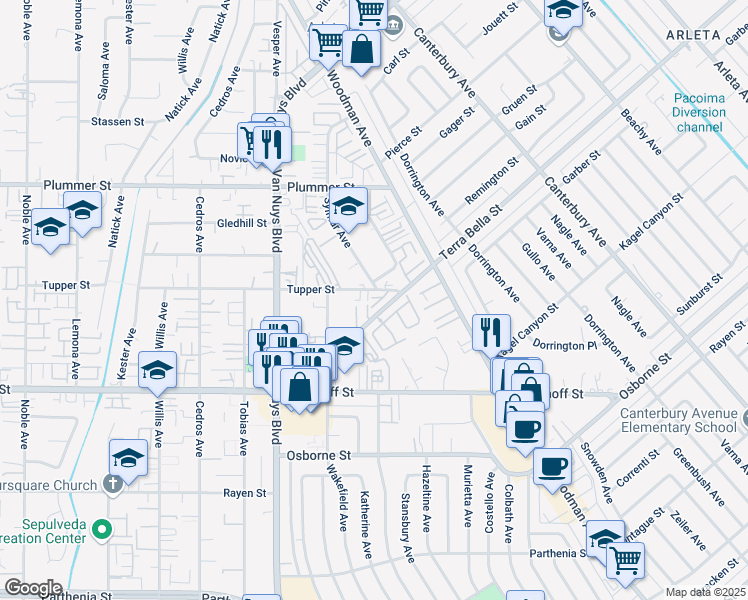 map of restaurants, bars, coffee shops, grocery stores, and more near 14402 Tupper Street in Los Angeles