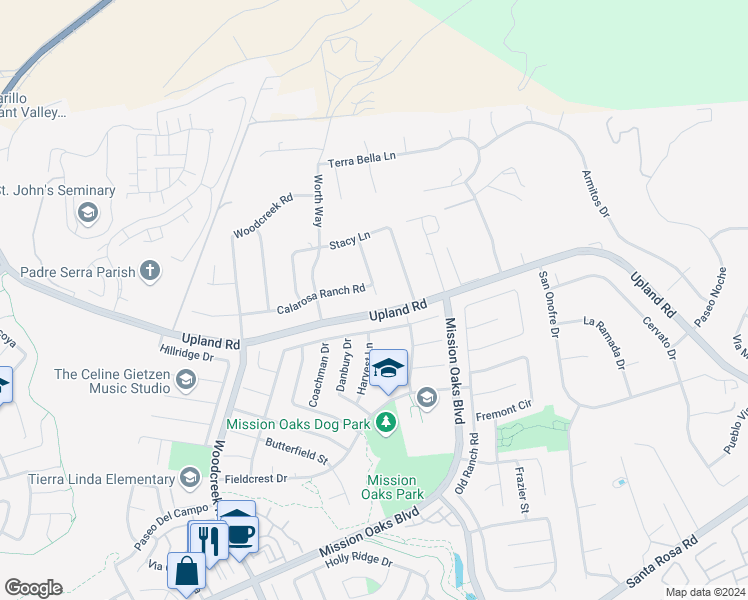 map of restaurants, bars, coffee shops, grocery stores, and more near 5472 Calarosa Ranch Road in Camarillo