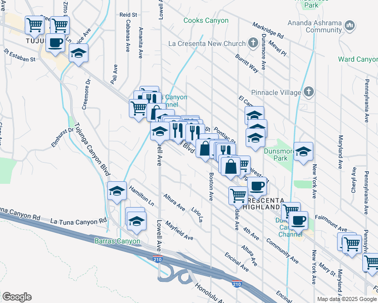 map of restaurants, bars, coffee shops, grocery stores, and more near 3847 Foothill Boulevard in Glendale