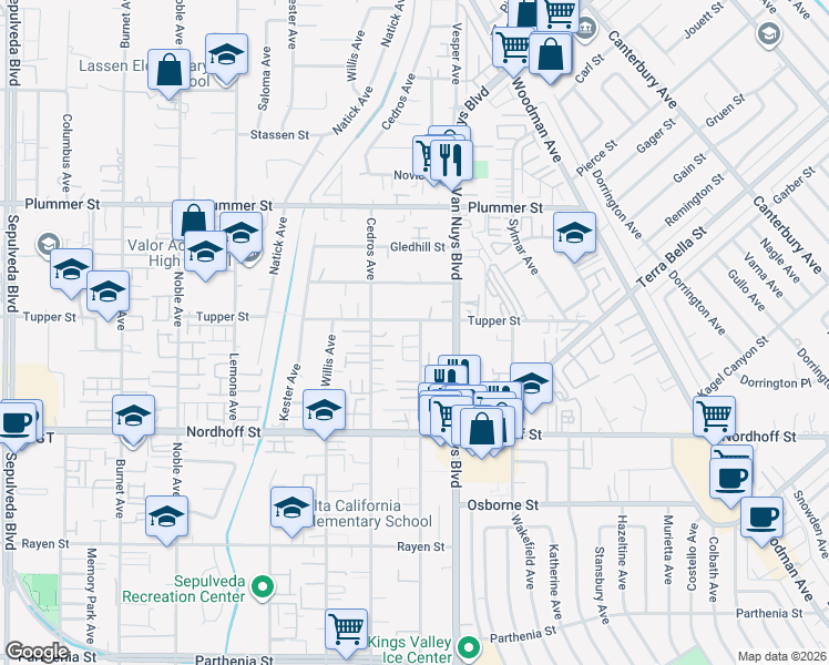 map of restaurants, bars, coffee shops, grocery stores, and more near 9263 Tobias Avenue in Los Angeles