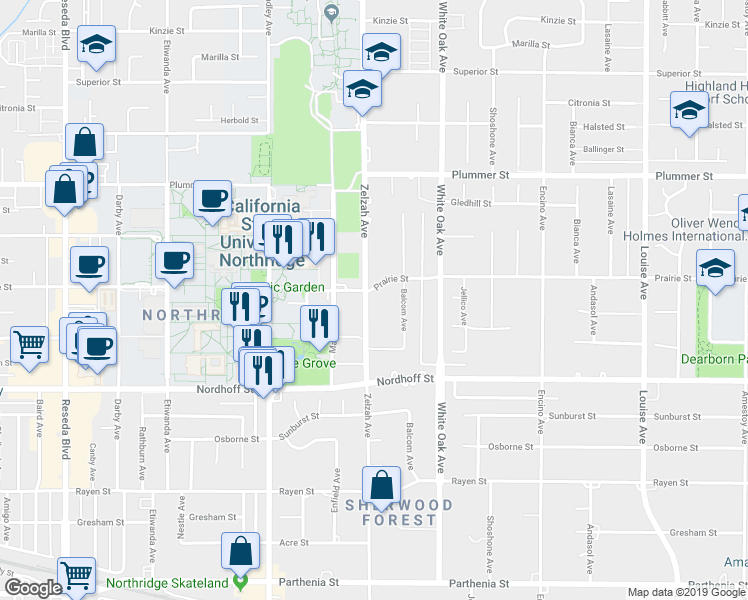 map of restaurants, bars, coffee shops, grocery stores, and more near 9244 Zelzah Avenue in Los Angeles