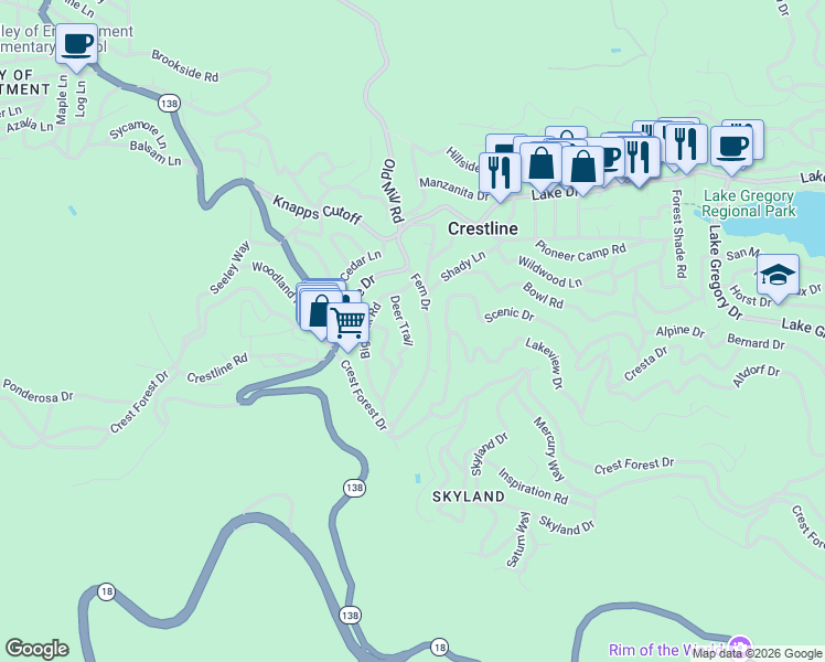 map of restaurants, bars, coffee shops, grocery stores, and more near 811 Deer Trail in Crestline