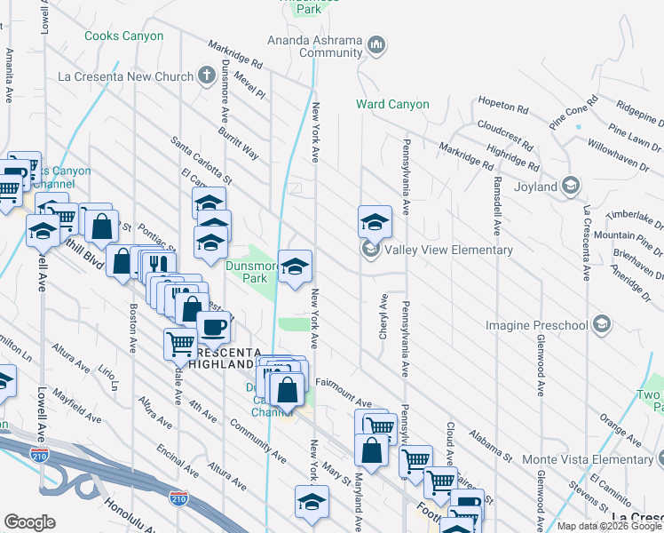 map of restaurants, bars, coffee shops, grocery stores, and more near 3332 Santa Carlotta Street in Glendale