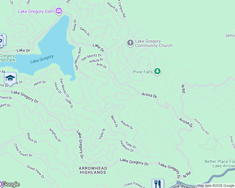 map of restaurants, bars, coffee shops, grocery stores, and more near 24910 Saxon Drive in Crestline