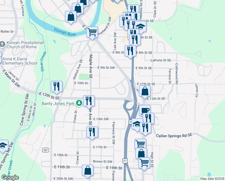 map of restaurants, bars, coffee shops, grocery stores, and more near 31 Notasulga Drive in Rome