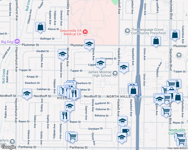 map of restaurants, bars, coffee shops, grocery stores, and more near 16001 Knapp Street in Los Angeles