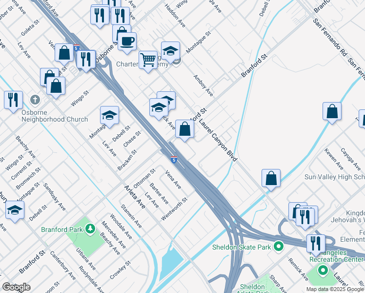 map of restaurants, bars, coffee shops, grocery stores, and more near 12990 Branford Street in Los Angeles