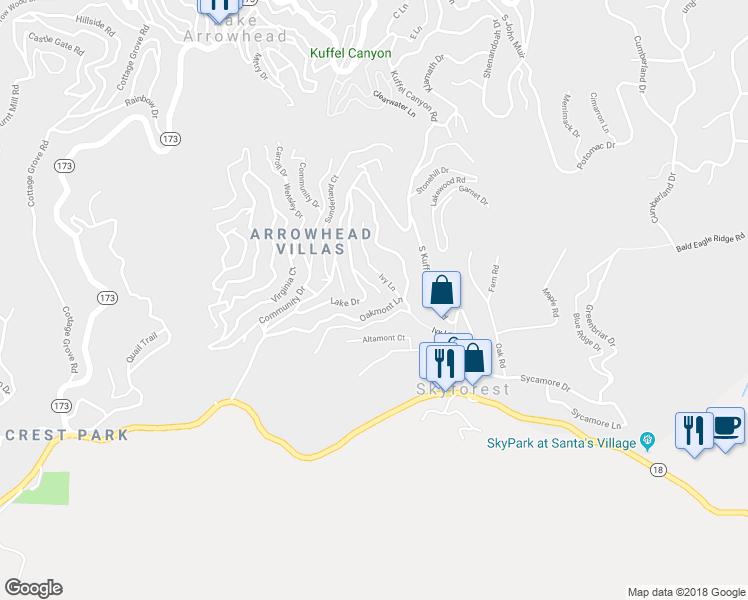 map of restaurants, bars, coffee shops, grocery stores, and more near 802 Knight Court in Lake Arrowhead