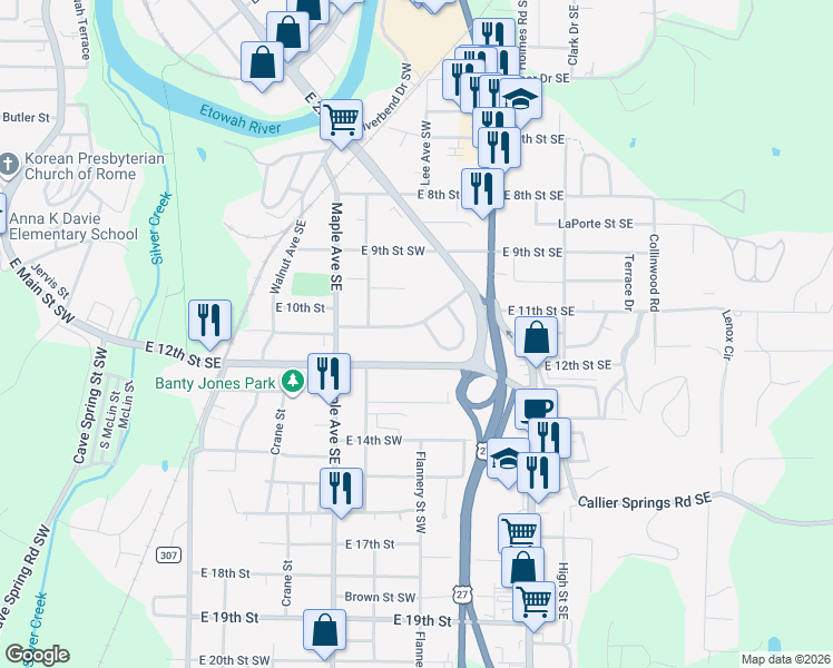 map of restaurants, bars, coffee shops, grocery stores, and more near 31 Notasulga Drive in Rome