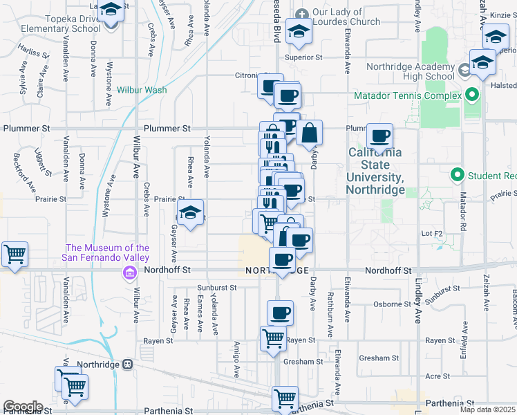 map of restaurants, bars, coffee shops, grocery stores, and more near 18540 Prairie Street in Los Angeles