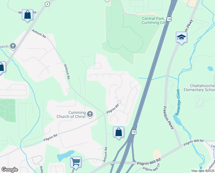 map of restaurants, bars, coffee shops, grocery stores, and more near 2990 Whittier Way in Cumming