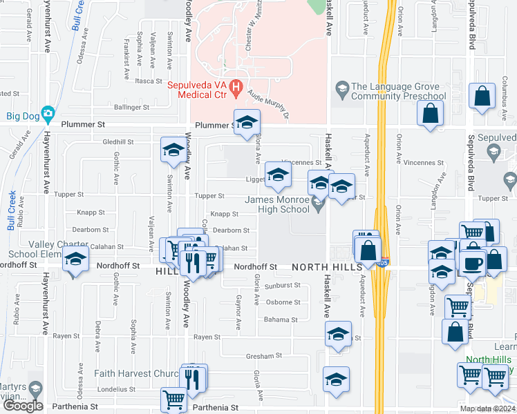 map of restaurants, bars, coffee shops, grocery stores, and more near 9250-9298 Gloria Ave in Los Angeles
