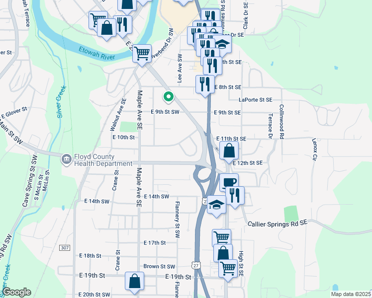 map of restaurants, bars, coffee shops, grocery stores, and more near 20 Notasulga Drive in Rome
