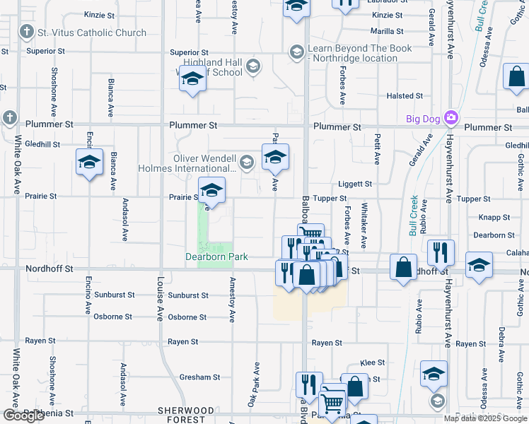 map of restaurants, bars, coffee shops, grocery stores, and more near 17063 Knapp Street in Los Angeles