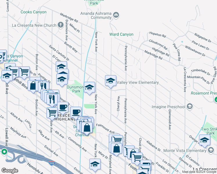 map of restaurants, bars, coffee shops, grocery stores, and more near 3317 Santa Carlotta Street in Glendale