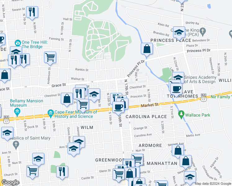 map of restaurants, bars, coffee shops, grocery stores, and more near 115 North 16th Street in Wilmington