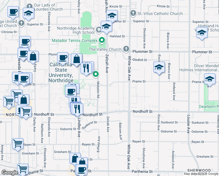 map of restaurants, bars, coffee shops, grocery stores, and more near 9244 Zelzah Avenue in Los Angeles