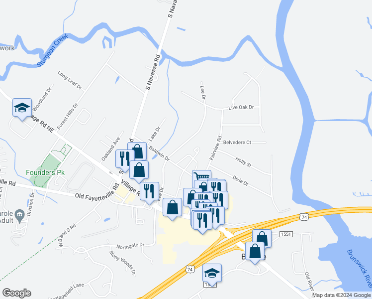 map of restaurants, bars, coffee shops, grocery stores, and more near 110 Lee Drive in Leland