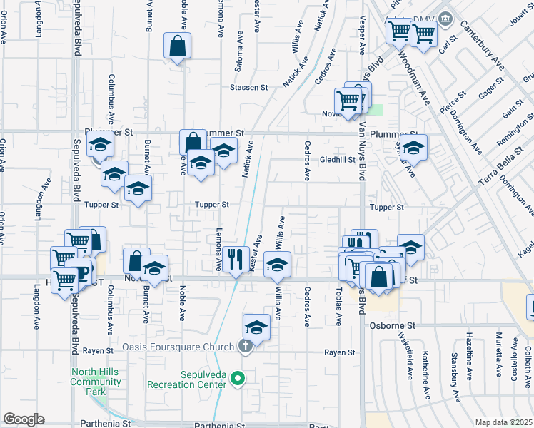 map of restaurants, bars, coffee shops, grocery stores, and more near 9250 Kester Avenue in Los Angeles