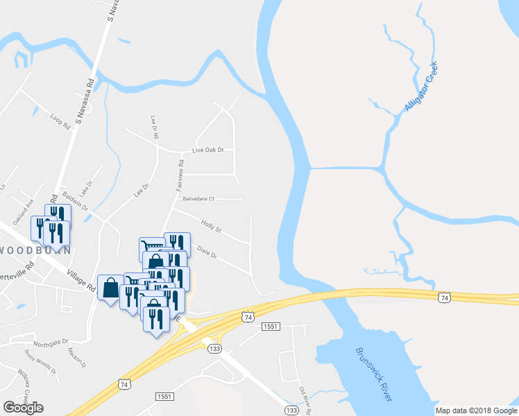 map of restaurants, bars, coffee shops, grocery stores, and more near 126 Belvedere Court in Leland