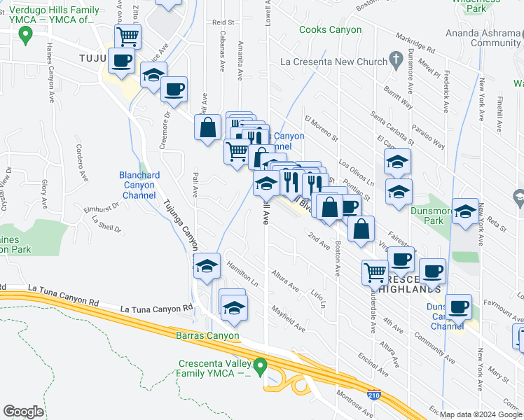 map of restaurants, bars, coffee shops, grocery stores, and more near 4427 Lowell Avenue in Glendale