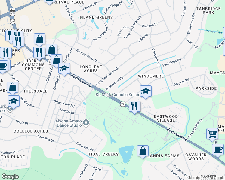 map of restaurants, bars, coffee shops, grocery stores, and more near 104 Windemere Road in Wilmington