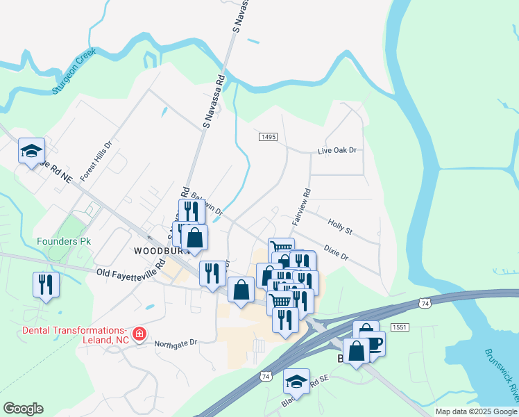 map of restaurants, bars, coffee shops, grocery stores, and more near 110 Lee Drive in Leland