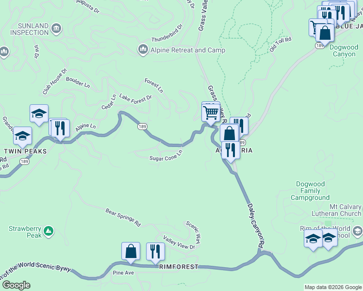 map of restaurants, bars, coffee shops, grocery stores, and more near 26571 California 189 in Twin Peaks