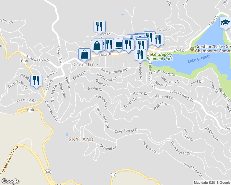map of restaurants, bars, coffee shops, grocery stores, and more near 23919 Bowl Road in Crestline