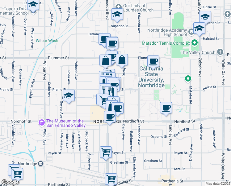 map of restaurants, bars, coffee shops, grocery stores, and more near 9250 Reseda Boulevard in Los Angeles