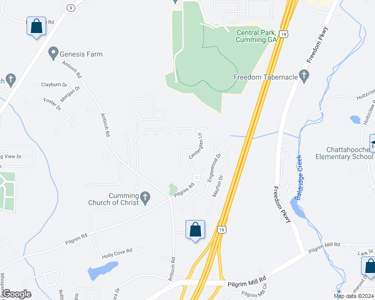 map of restaurants, bars, coffee shops, grocery stores, and more near 2945 Whittier Way in Cumming